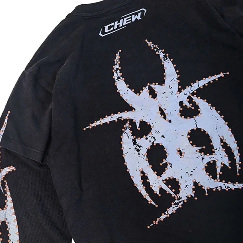 Men's Clothing CHEW Vintage Faded Fake Two Piece Long Sleeve T-shirt Rhinestone Tribal Demon Graphic T-shirts
