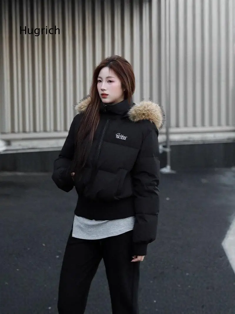 Womens Short Hooded Parka Coat With Large Furry Collar Waist Cinched Slim Fit Black Padded Jacket Elegant Warm Outerwear For Col
