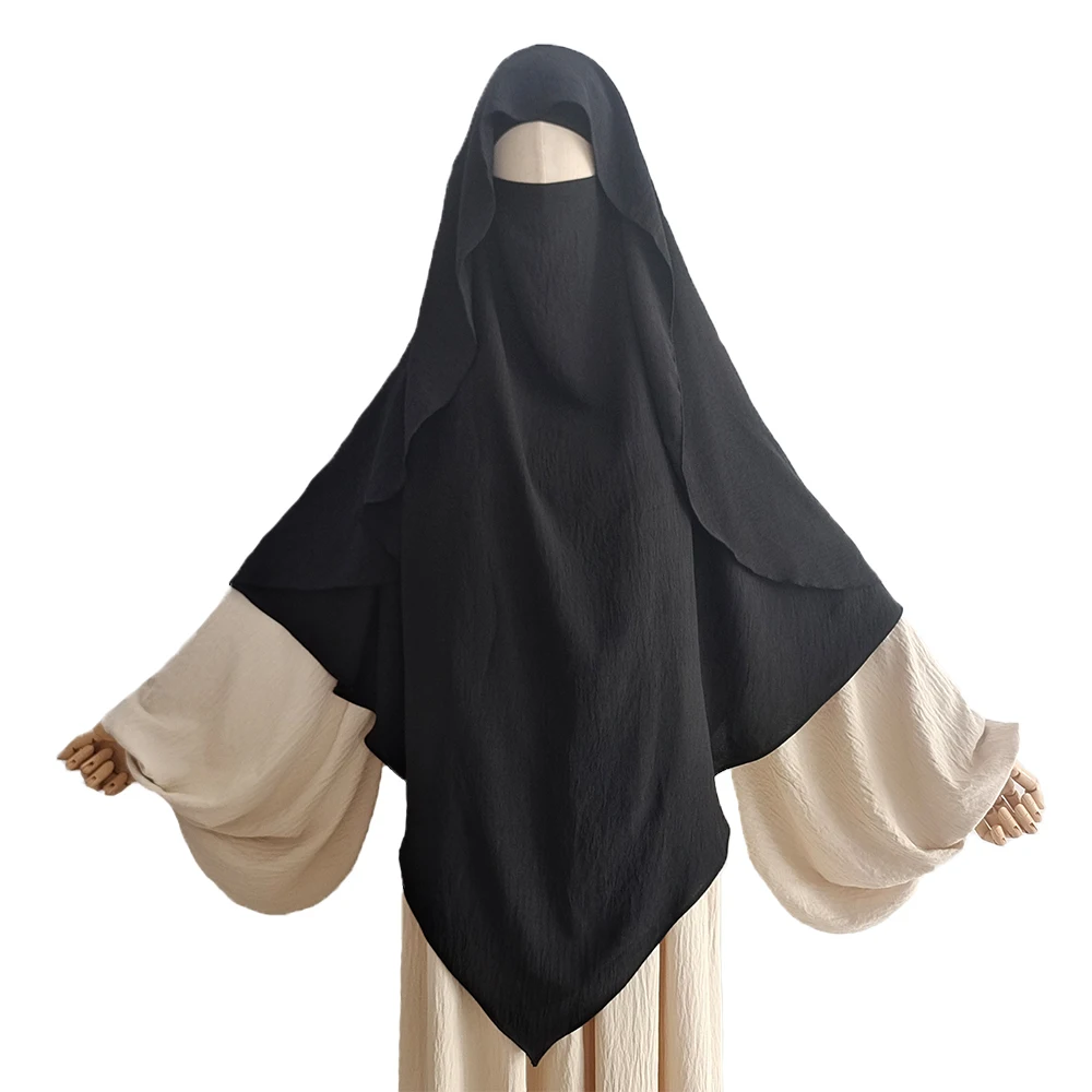 Jazz Khimar Cape Met Niqab Bandjes Ramadan Eid Femmes Crêpe Hoofddoek Hijab Kopftuch Groothandel Islamitische Moslim Vrouwen Sjaal Hijabs