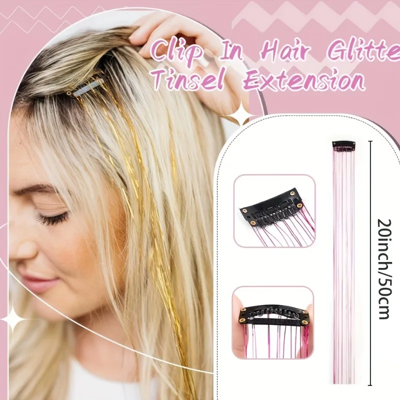Extensiones de cabello con oropel dorado láser más vendidas, 12 piezas de cabello de arcoíris en caja de colores, peinado de fiesta brillante, accesorios para el cabello