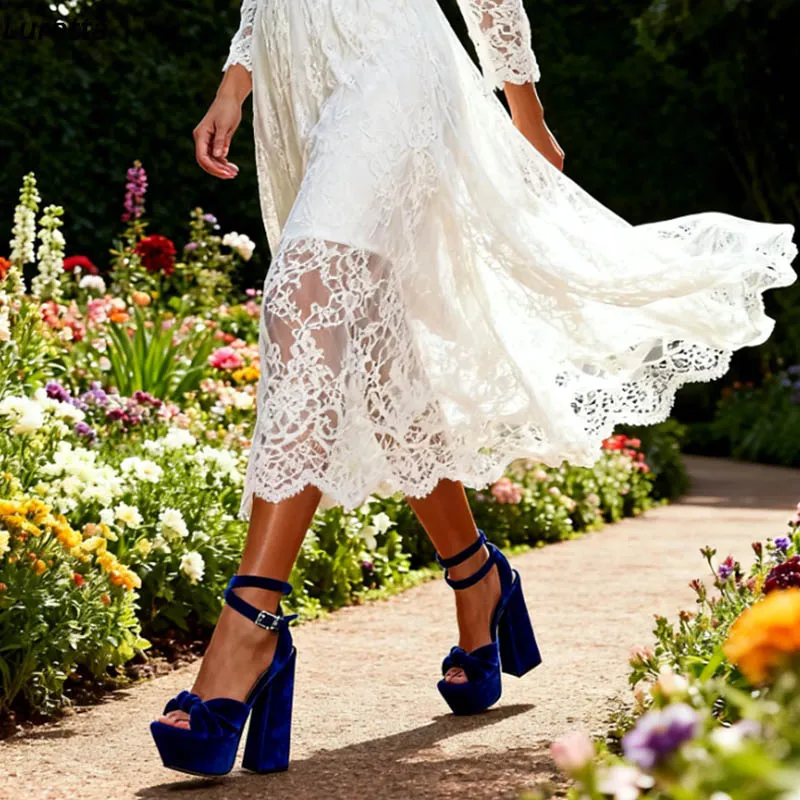 

Luretta Artisan Crafted Red Velvet Heels - Platform Sandals with Bow Accent and Ankle Strap Ladies US Plus Size 5-20