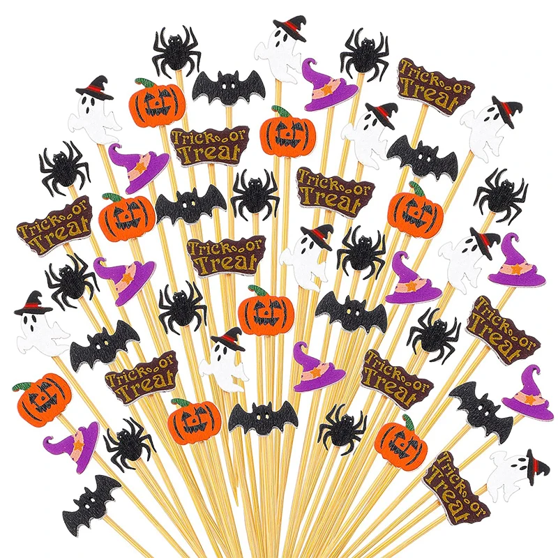 

120Pcs Halloween Cocktail Picks Pumpkin Spider Ghost Bamboo Appetizer Toothpicks Dessert Sticks for Cake Food Party Decoration