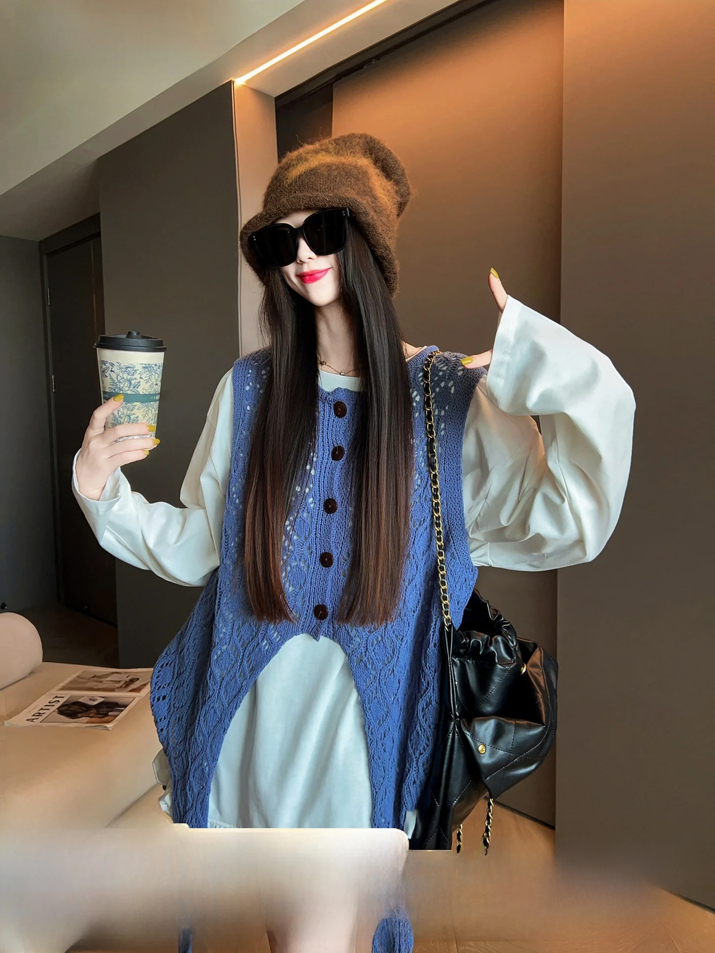 

Faionable Vintage Knitted Vest Women's Early Autumn 2025 New Loose Top Coat oulder Open Cardigan Regular Fit