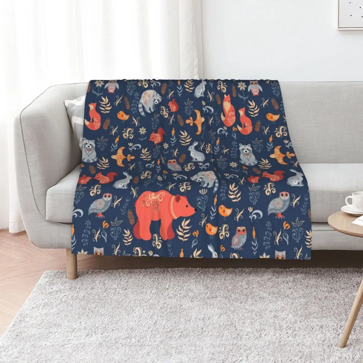 

Fairy-tale forest. Fox, bear, raccoon, owls, rabbits, flowers and herbs on a blue background. Throw Blanket Thins Blankets