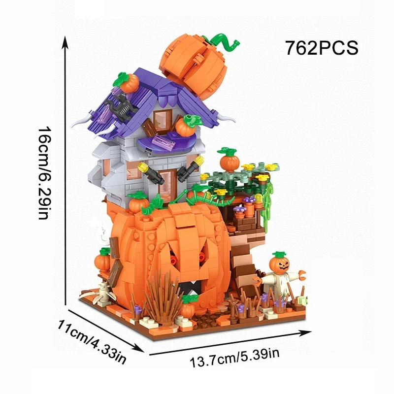 Blocos de Construção de Desenhos Animados para Crianças, Modelo de Casa Abóbora, Bonito Halloween Gift, Brinquedo Educativo, Decoração