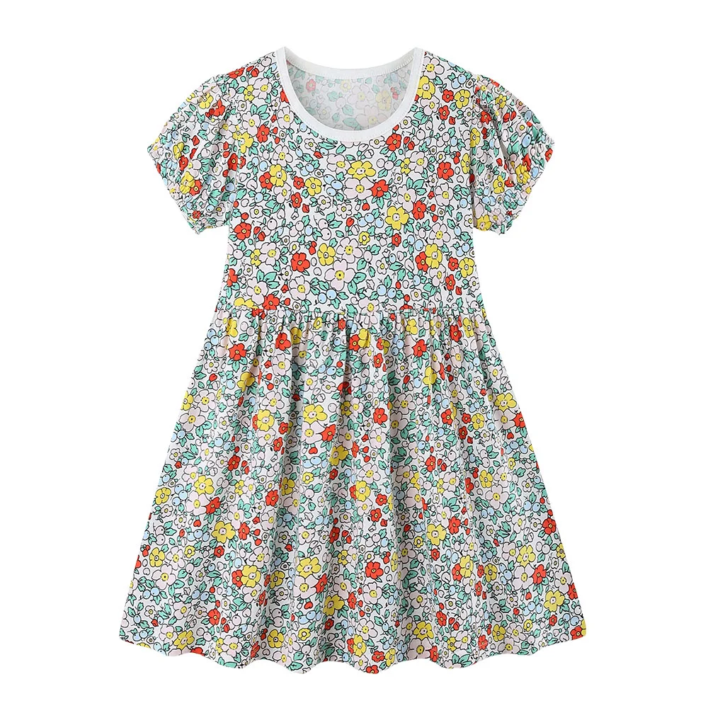 

2-7T Summer Girls Dresses Flowers Printed Short Sleeve Lovely Kids Wear Cotton Children's Frocks Toddler Clothing