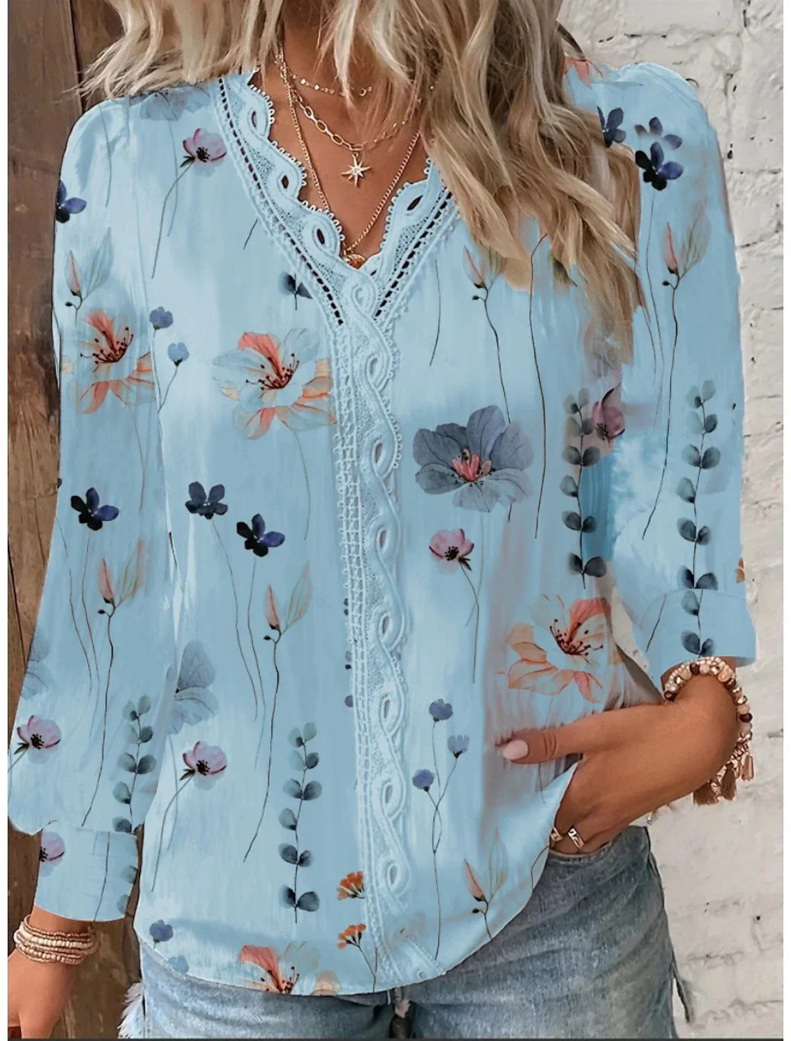 Autumn New Floral Print Women\'s Blouses Fashion Solid V-neck Casual Long Sleeve Tops Elegant Office Shirts Female Slim Blusas