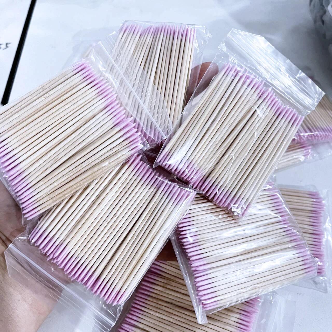 500/300/100Pcs Disposable Double-Head Pink Nails Wood Swab Ultra-small Cleaning Bud Cotton Stick Lint-Free Remove Tools Wood 7cm