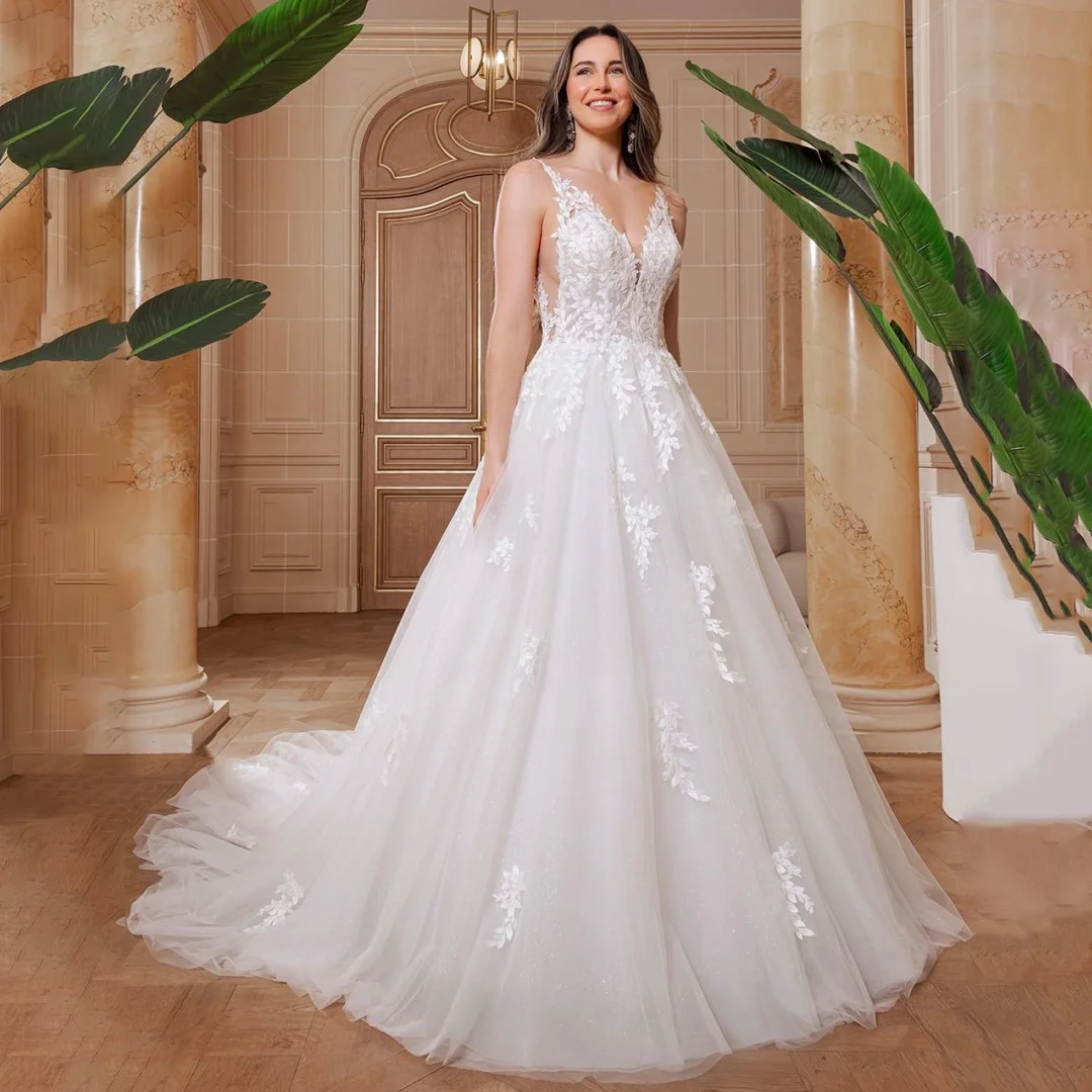 

Tulle Appliques Spaghetti Straps Wedding Dresses Sexy V-neck Backless Floor-Length Church Marriage Gown Luxury Lace Bridal Dress