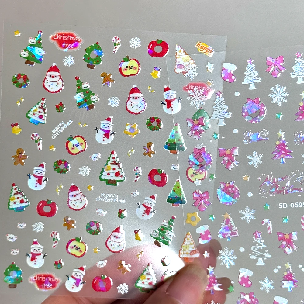 

5D Cute Snowman Christmas Nail Art Sticker Shiny Polarized Pink Ball Bow Christmas tree Nail Slider Decal New Year Xmas Nail Dec