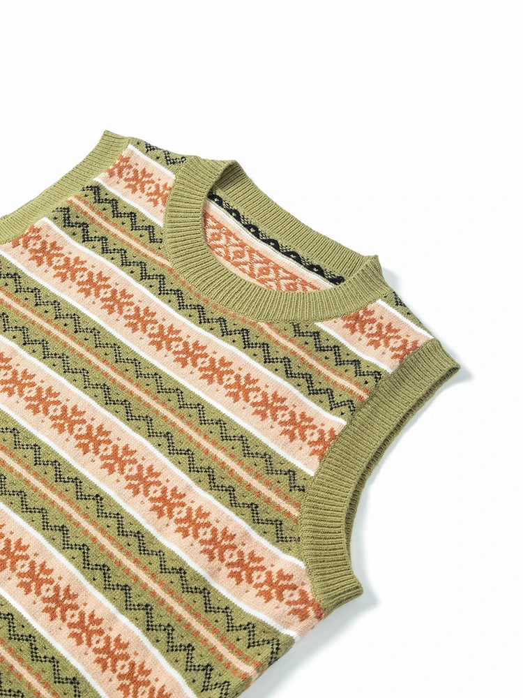 2024 Spring Green Geometric Jacquard  Wool Pullover Vest Crew Neck Women Thick Warm Fall Winter High Quality Tops  C-205