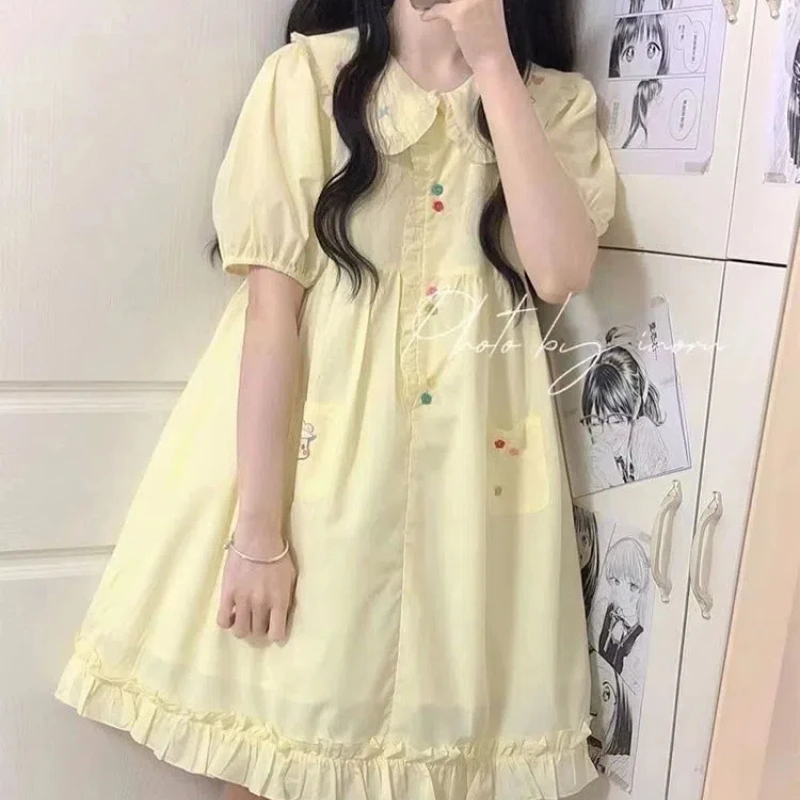 

Ruffled Neck Japan Style Sweet Women's Summer Suit Puff Sleeve Minimalist Kawaii Lolita Mini Ball Gown A-Line Princess Dress