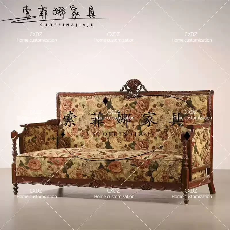 Neoclassical Solid Wood Sofa Fabric Double Chair Carved Bedroom Medieval Style Villa Antique Furniture Combination