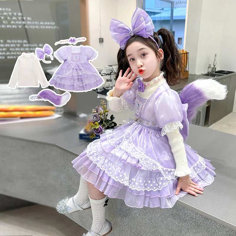 Disney Christmas StellaLou Kids Girl Dress Xmas Long Sleeved Dress Cartoon Cute Lolita Skirt Anime Clothes Birthday Party Gift