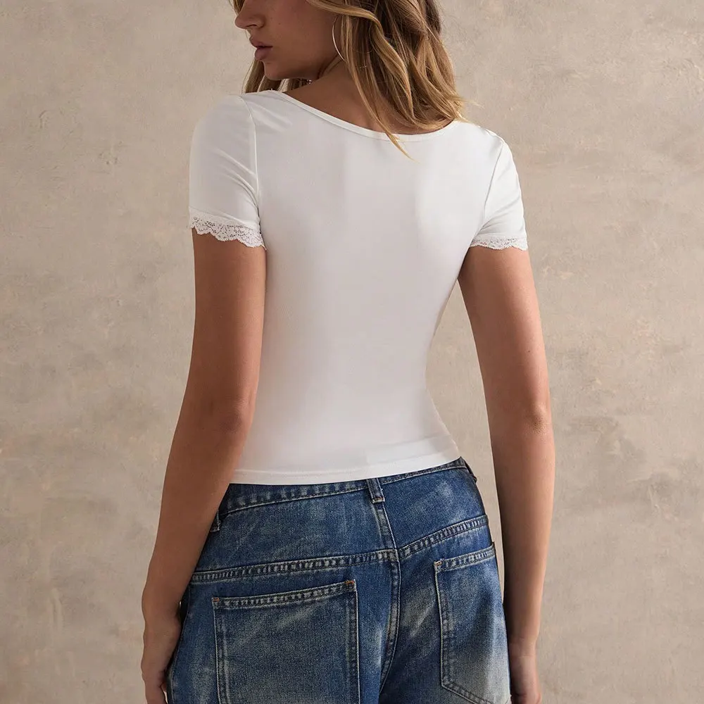 Womens New Summer White Soft Square Neck Lace Patch Short Sleeve Slim T Shirt Tops