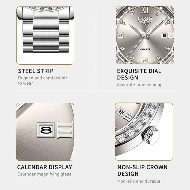 LIGE elegante orologio da donna Orologio impermeabile alla moda luminoso orologio al quarzo da lavoro in acciaio inossidabile per donna reloj de mujer + SCATOLA