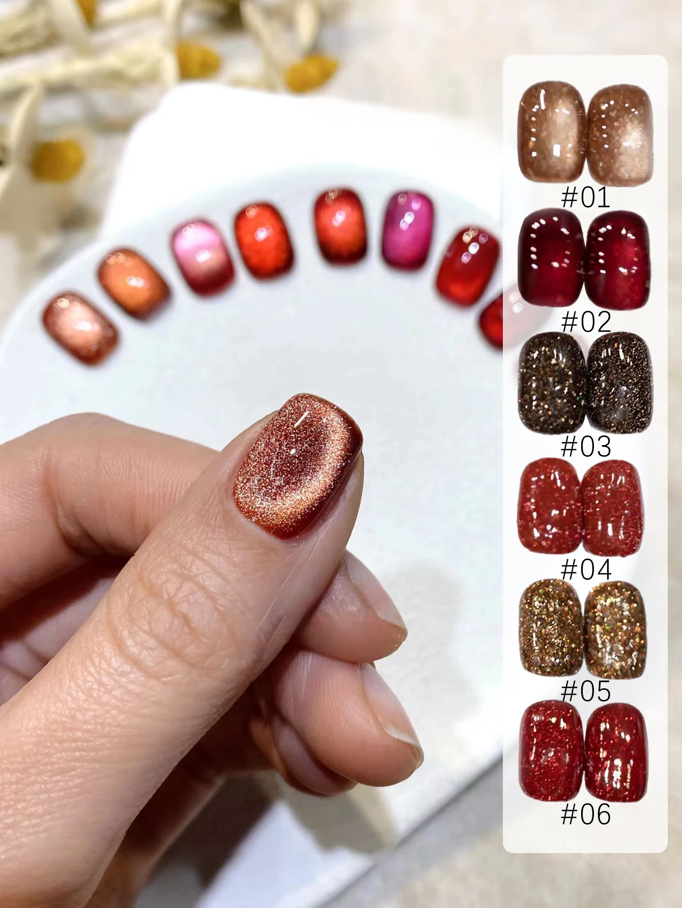 1/6 Pack 12ml Red Pearl Cat Eye Nail Polish with Starry Sky Effect, Magnetic Gel Nail Polish, Removable, UV LED Gel Nail