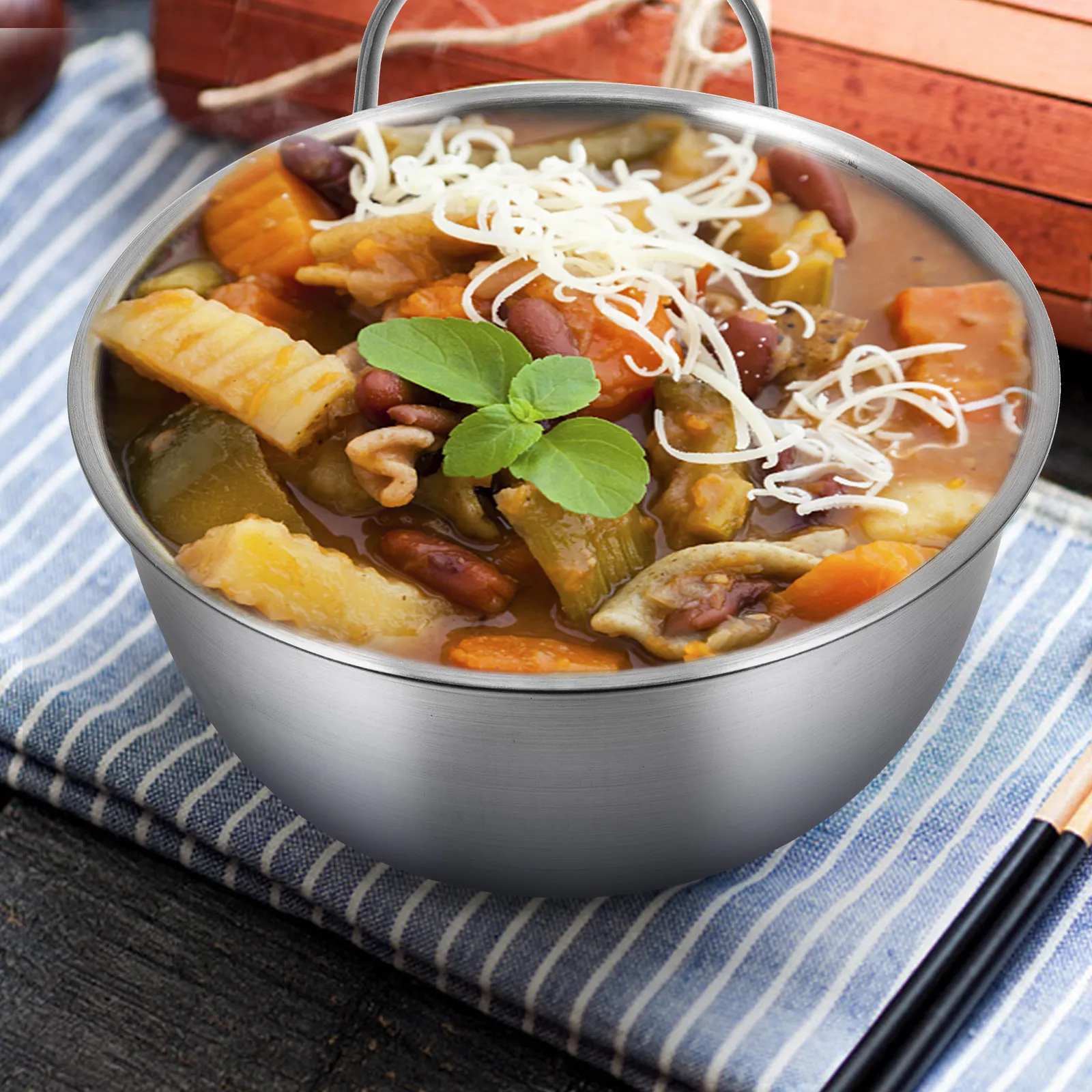 Tazón de Acero Inoxidable para Mezclar, Tazón para Fideos, Olla para Ensaladas, para Uso en la Cocina del Hogar, Utensilios para Cocinar Ramen, Olla Portátil para Sopa y Guisos, Olla Coreana para Ramen