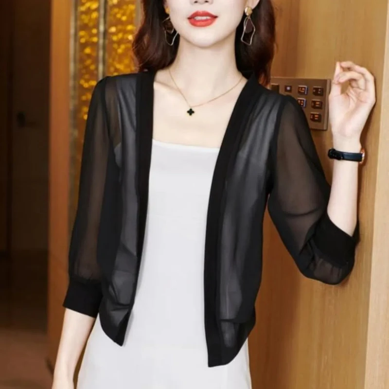 

Thin Chiffon Short T Shirt Tops Summer New Solid All-match Simplicity Half Sleeve Vintage Cardigan Fashion Casual Women Clothing