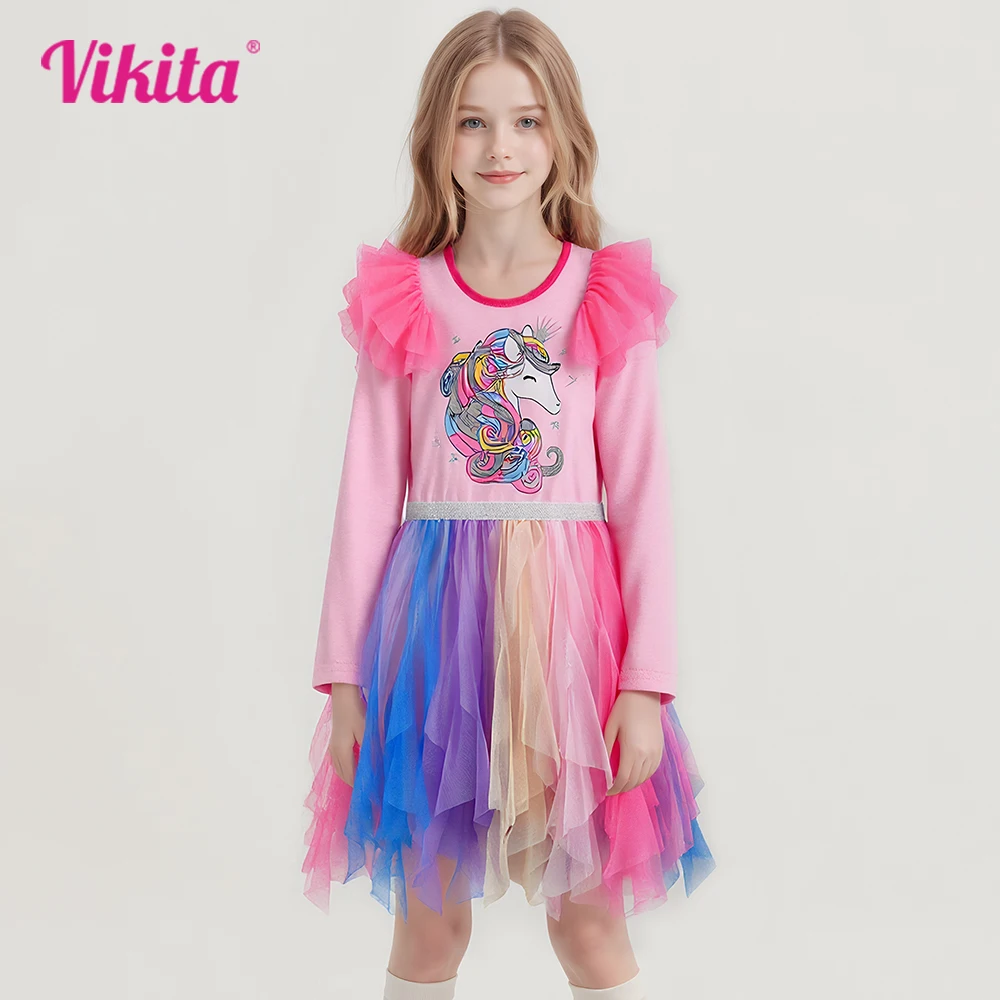 

VIKITA Children Clothes Kids Long Sleeve Autumn Spring Licorne Cartoon Dresses Girls Colorful Gradient Rainbow Princess Frocks