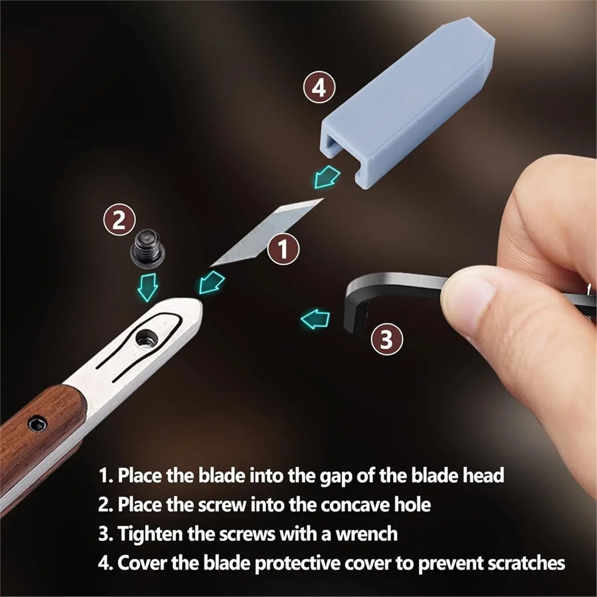 STOCK-Percision Leather Knife, Pointed Cutting Wooden Handle with 3 Pcs Replacement Blades and Protective Case, for Cutting