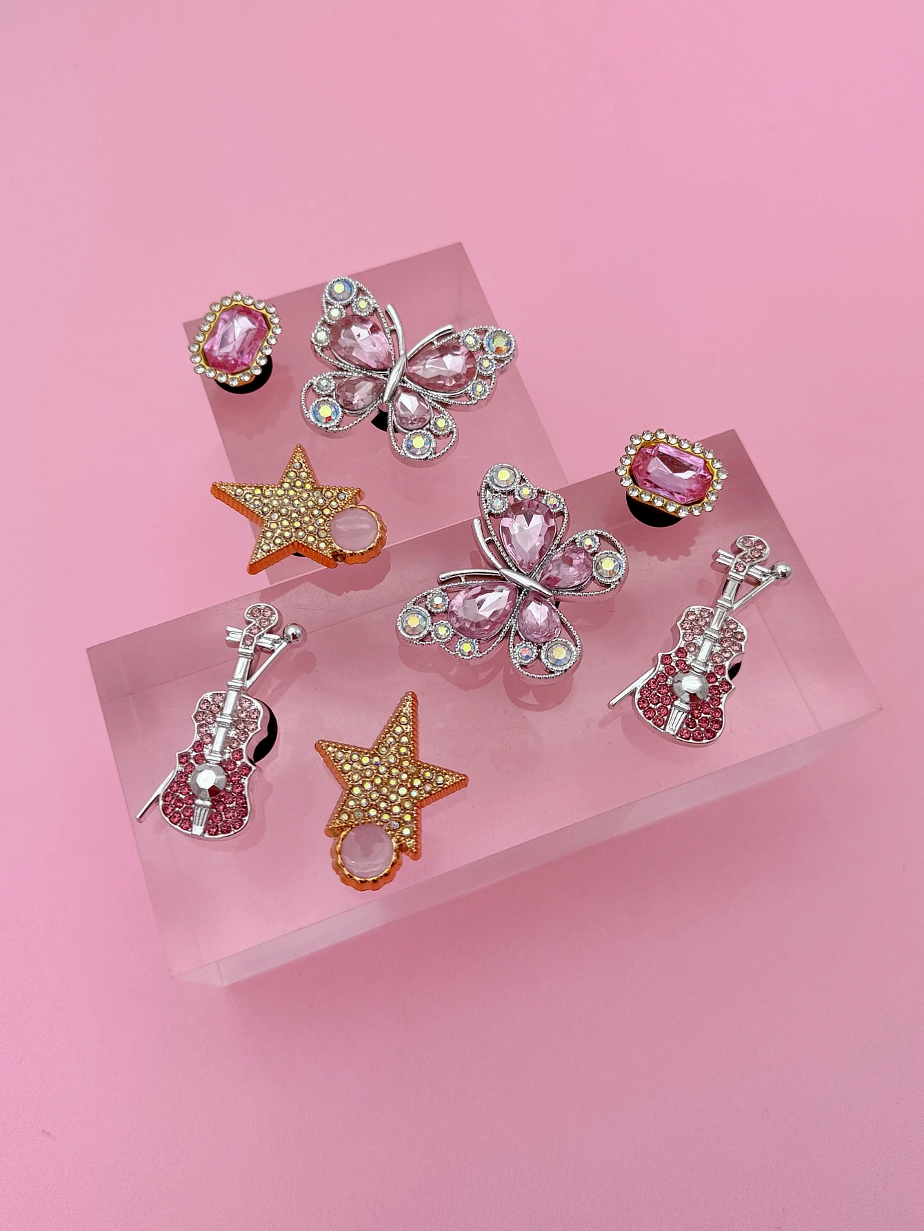 8 pieces of casual gold pink diamond flower, violin, five-pointed star, dotted diamond rectangular ABS resin shoe buckles, DIY d