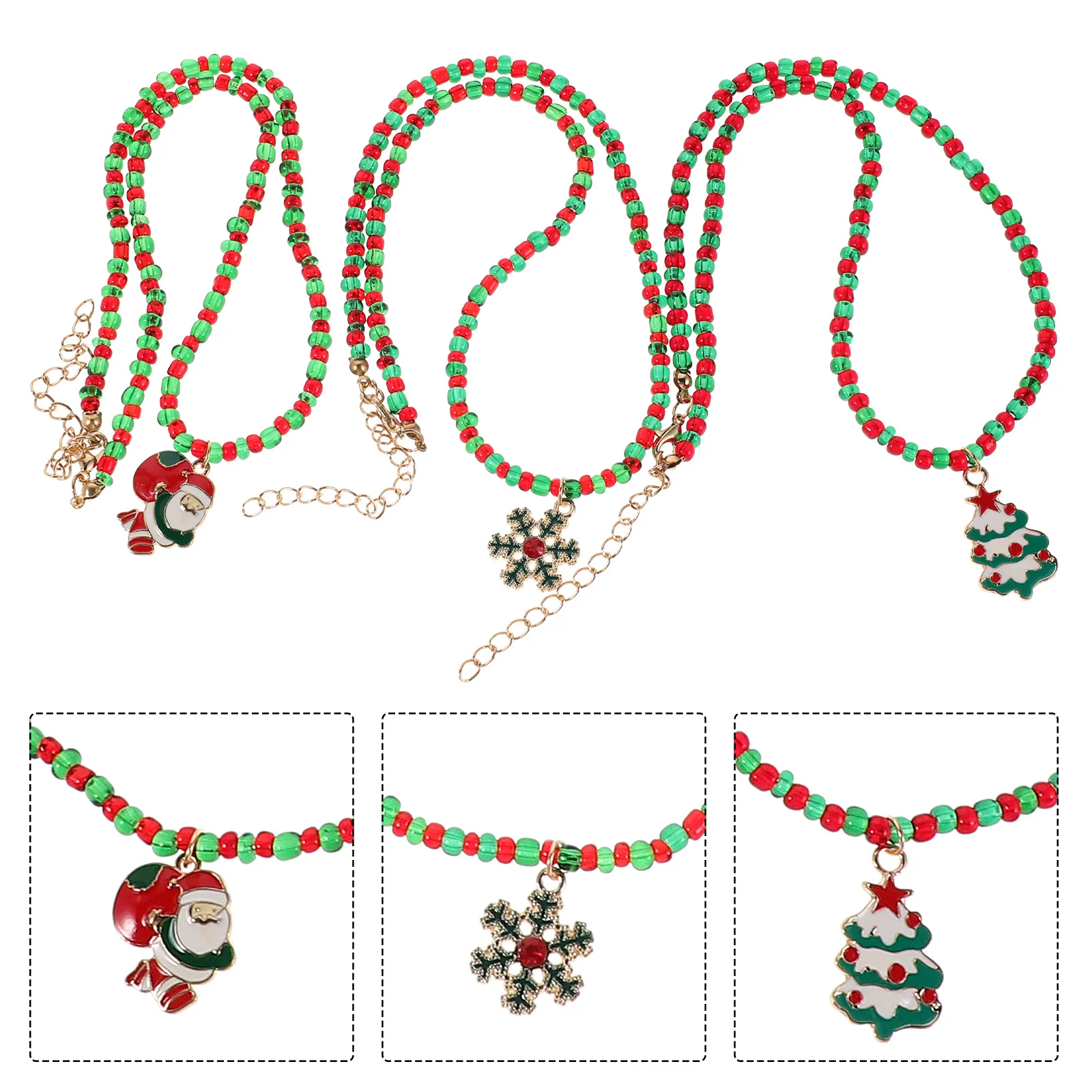 

3Pcs Xmas Necklace for Women Red Green Beaded Holiday Choker with Santa Claus Christmas Tree Pendant Jewelry Winter Festival