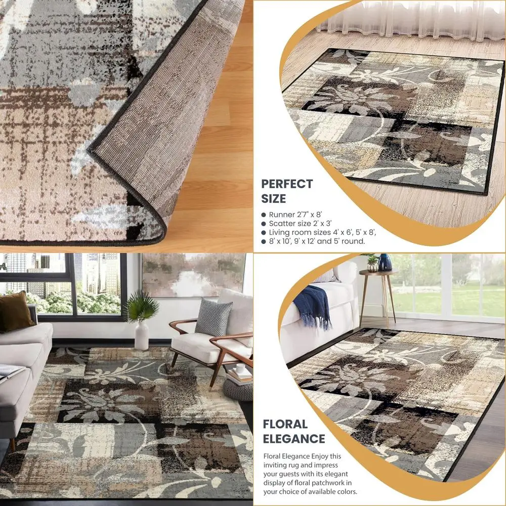 

Modern Floral Patchwork Jute Rug, 5'x8' Beige, Ideal for Entry, Office, Living/Dining, Bedroom, and Kitchen