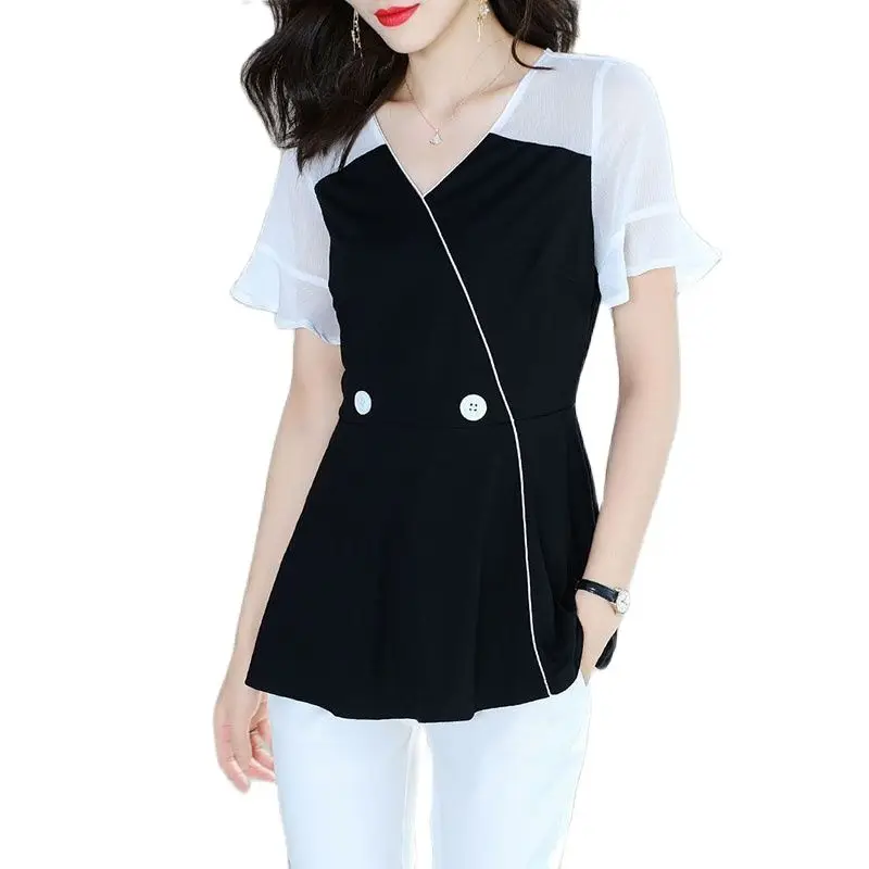 

Female Shirts Chiffon Splicing Short Sleeve Ladies Shirtsummer Pullover V Neck Jacket Loose Show Thin Temperament Women's Tops