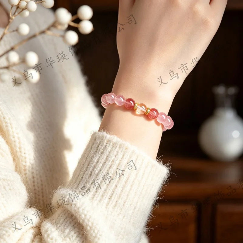Chinese Style 10mm Natural Strawberry Quartz Rose Quartz Clear Crystal Handstring Lucky Love Fortune Blessing Bracelet For Women