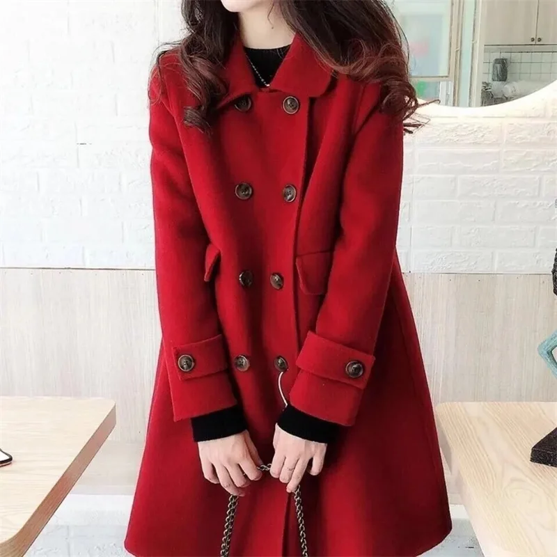 

New Year's Red Double Sided Woolen Coat For Autumn Winter2025 New Mid To Long Style With Bull Horn Buckle High Grade Woolen Coat