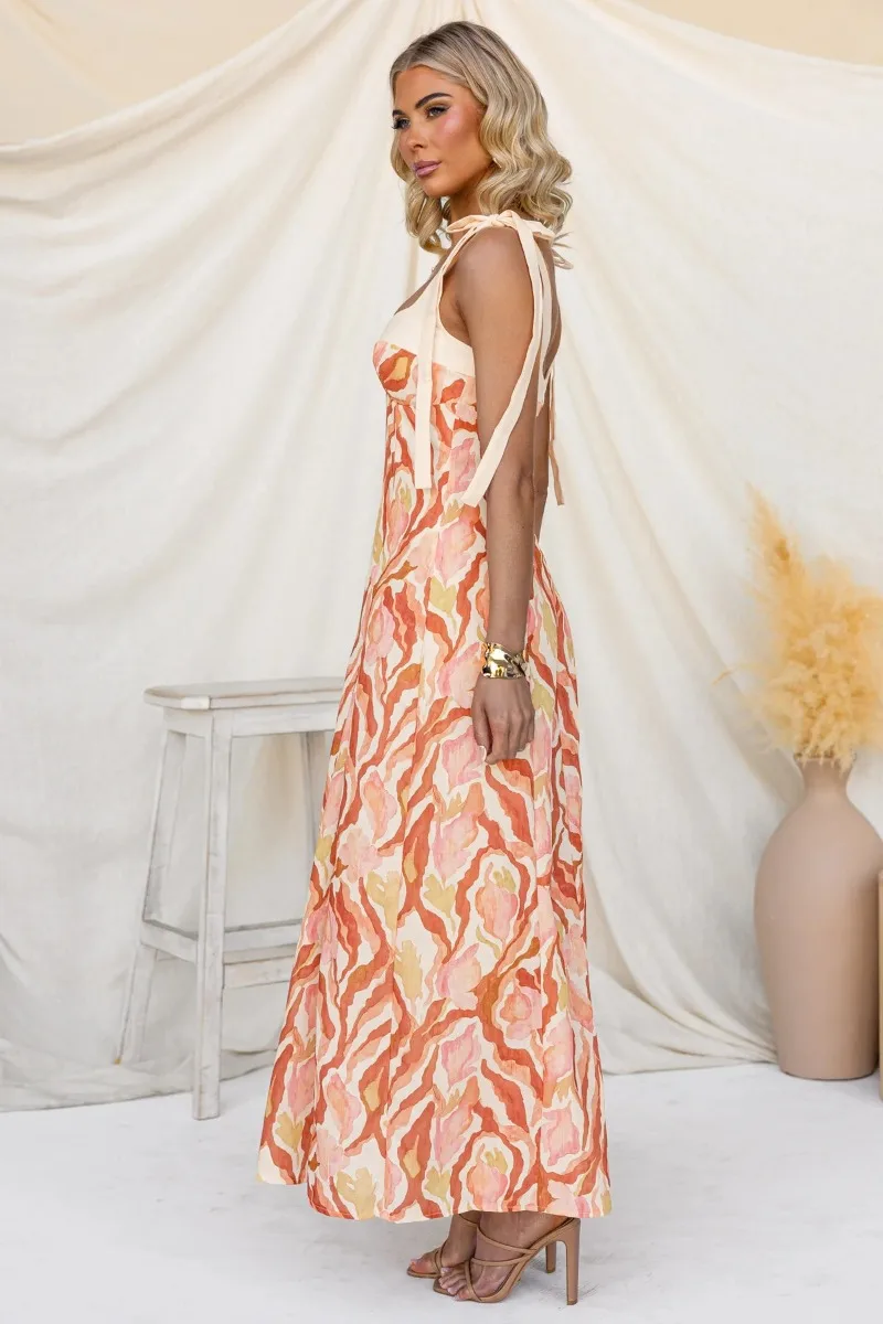 Damen Boho-Print Midi-Maxikleid mit Spaghettiträgern, integrierten Cups, schmaler Taille, fließendem Saum und weitem Schwung – Sommer-Urlaub Strand Langes Sommerkleid – Detail 6