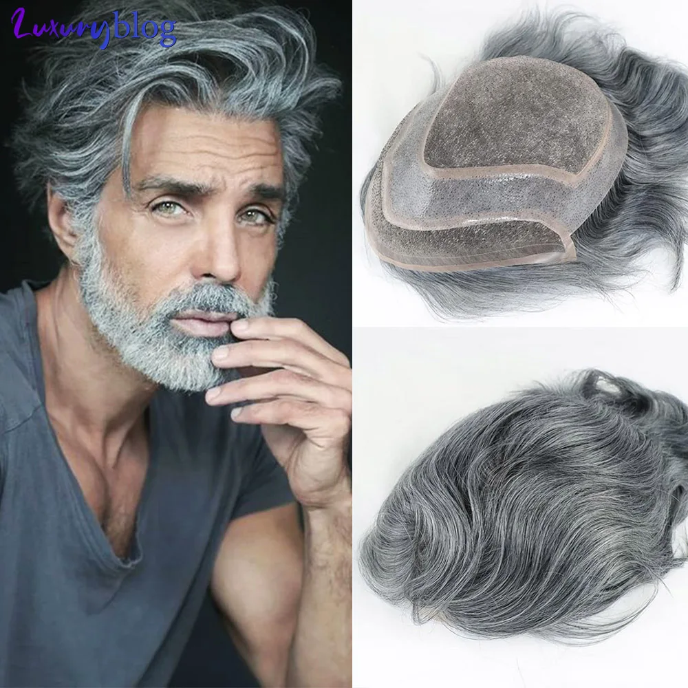 Grey Mens Hair Capillary Prosthesis 100% Human Hair Toupee Mono Lace Front Wigs for Men System Wavy Male Wig Hairpiece 8x10inch