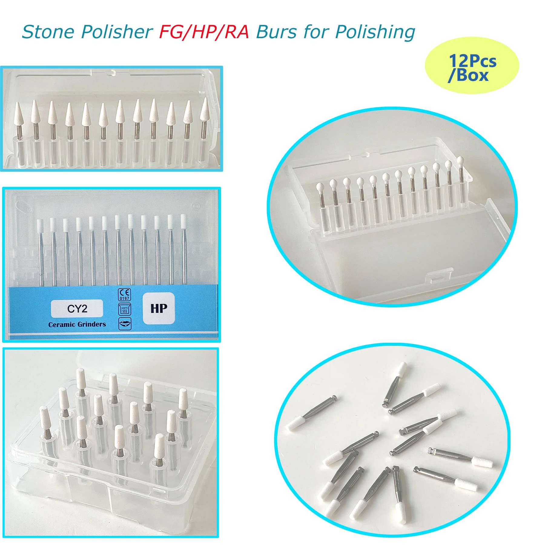 

Стоматологический полировальный камень, белый FG/RA/HP, конус/пламенный/круглый стоматологический инструмент для фарфоровой смолы, боры для наконечников, 12 шт./кор.