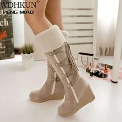 2024 Snowboots Vrouwen Winter Schoenen Warme Katoenen Schoenen Koude Winter Knie Hoge Laarzen Dames Sleehak Laarzen 7 Cm plus Size 42