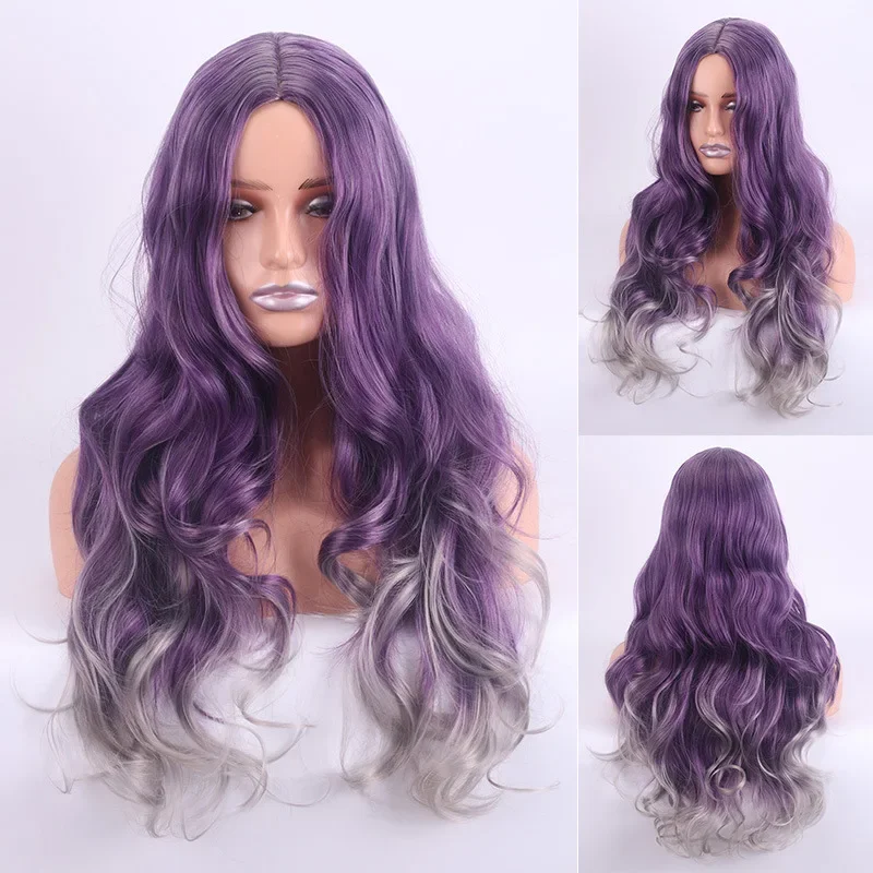 

Purple smoke gray gradual change fashion European and American wigs Women's Hair mechanism Chemical fiber medium length
