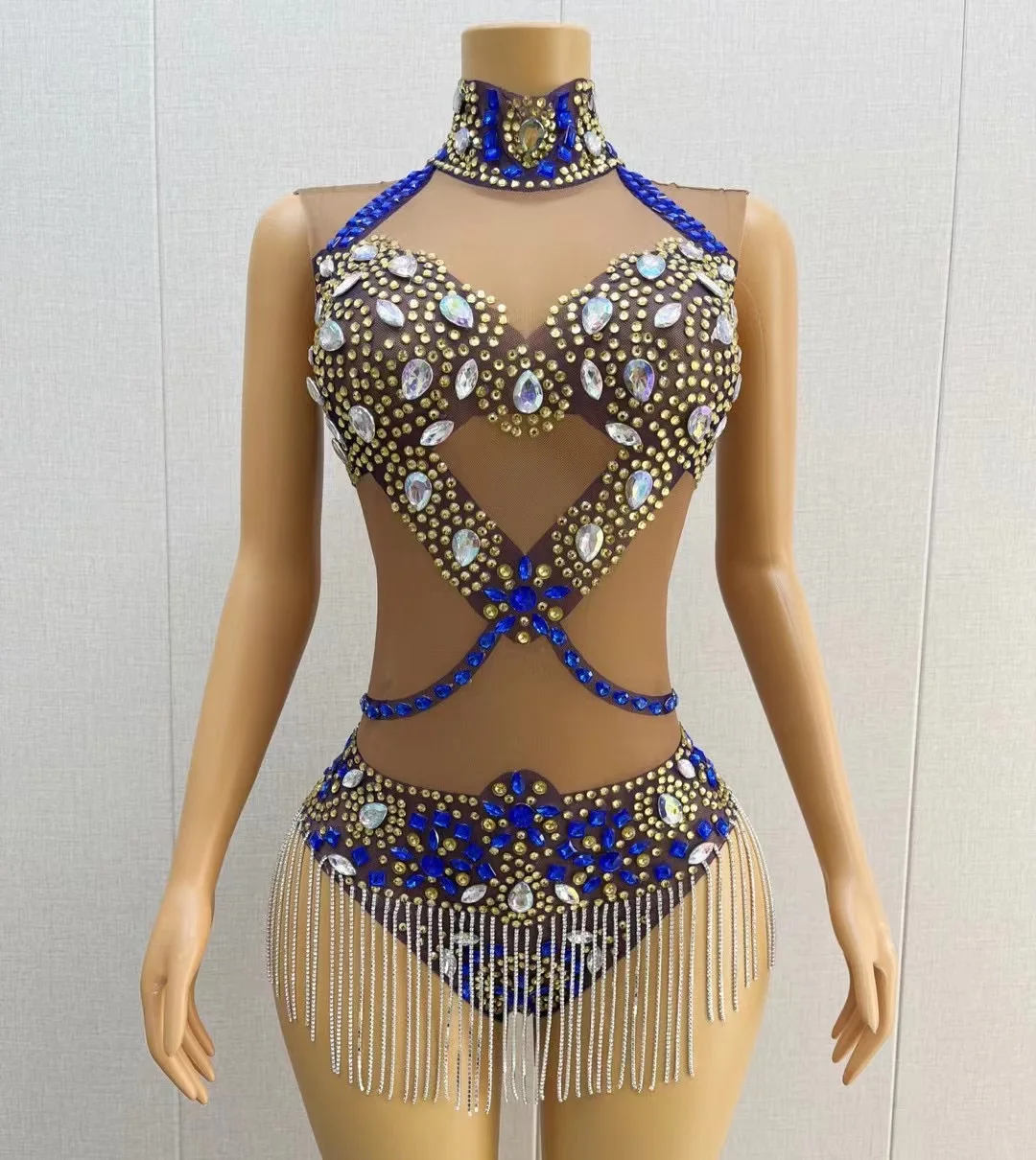 

Blue Gold Rhinestones Bodvsuit Sexy MeshFringed Gogo Dance Costumes Women PartyOutfit Bar Nightclub Di Ds Party Wear C186