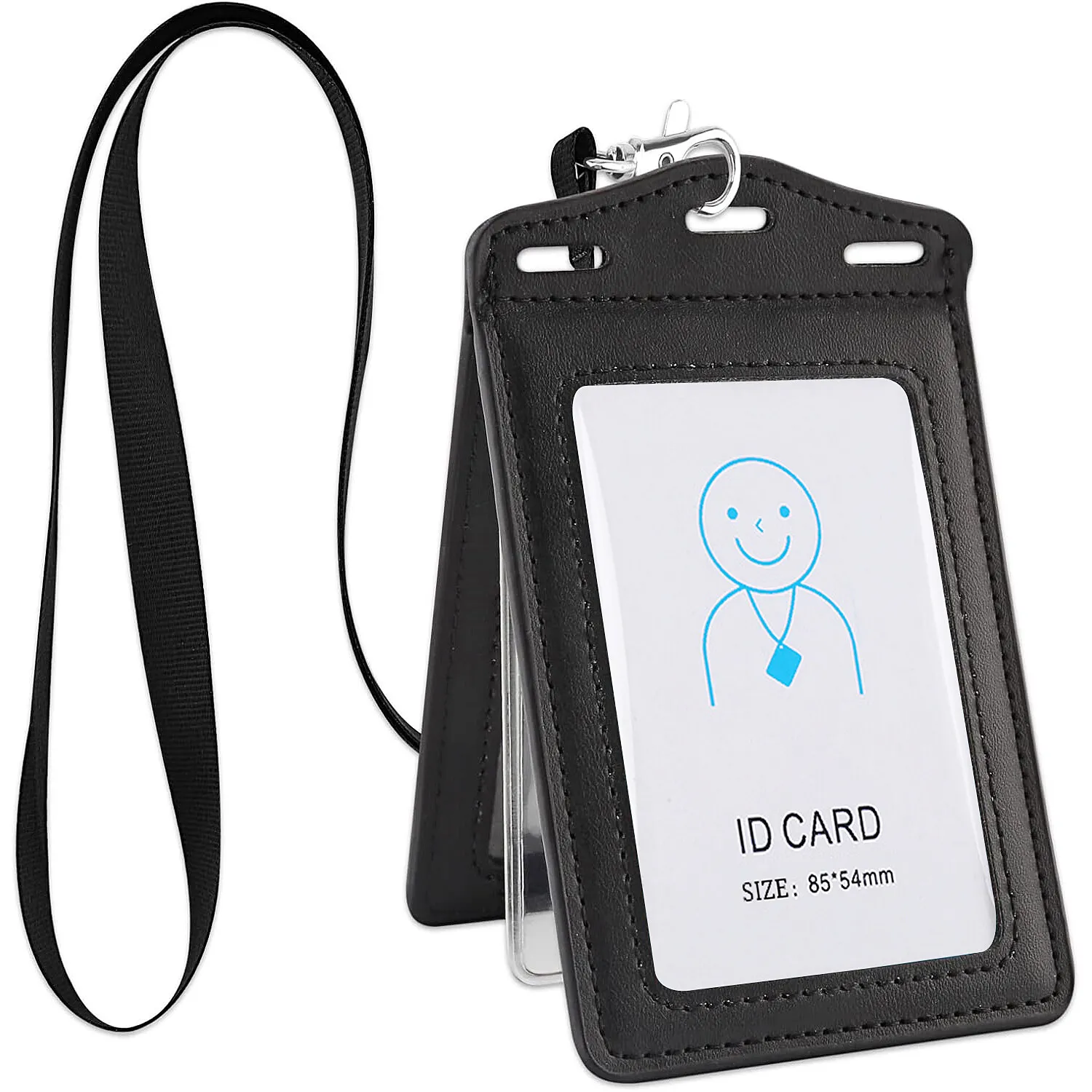 

Badge Holder Trifold Leather Card Holder with Clear ID Window and Detachable Lanyard for Business Worker Black