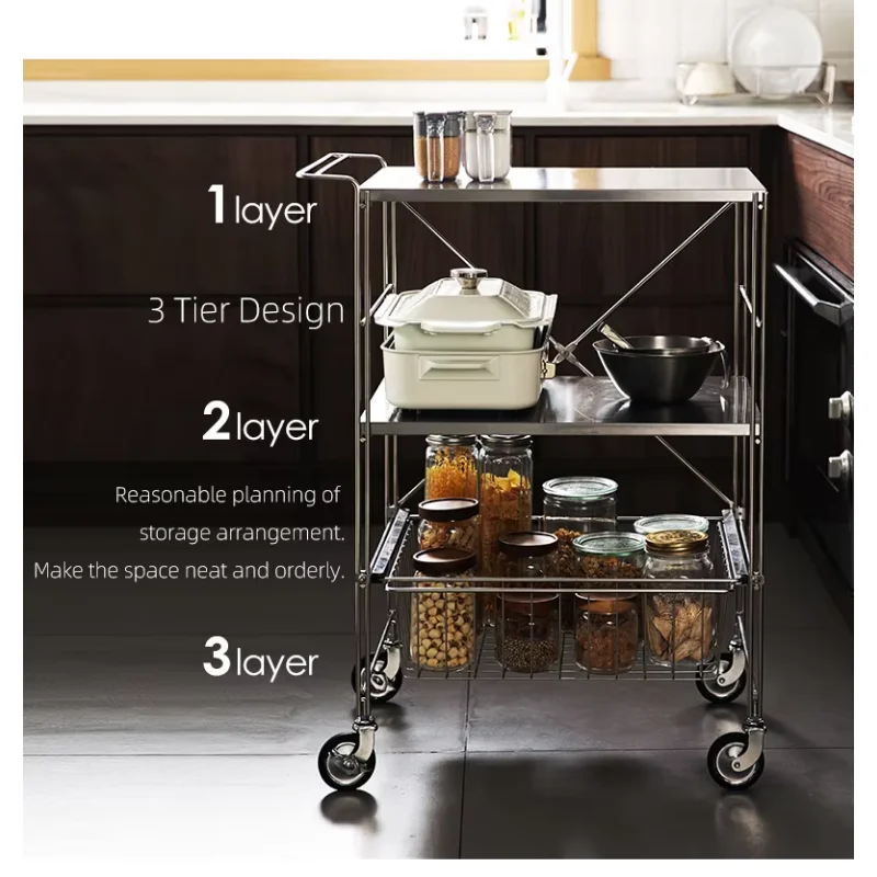 

Stainless Steel 3 Tier Heavy Duty Commercial Grade Food Storage Trolley Service Utility Rolling Cart with Handle Bar