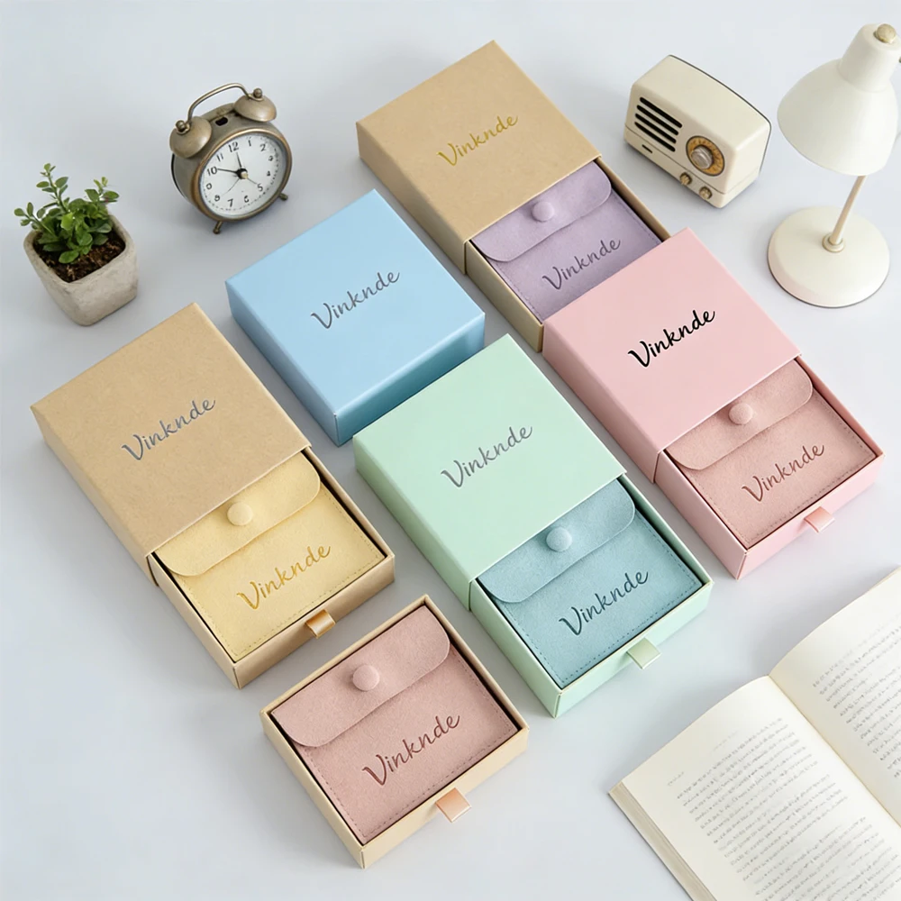 

24pcs Brown Paper Jewelry Drawer Box 9x9x1.7cm with 8x8cm Button Gift Bag Personalized Logo Jewelry Boxes for Wedding Christmas