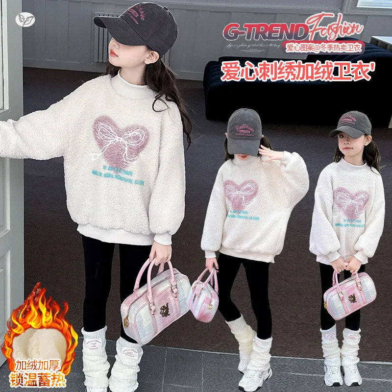 

Bow Embroidered Sweater Girls' Fleece-Lined Hoodie for Autumn and Winter New Arrival for 2025 Cute Base Layer Winter Top