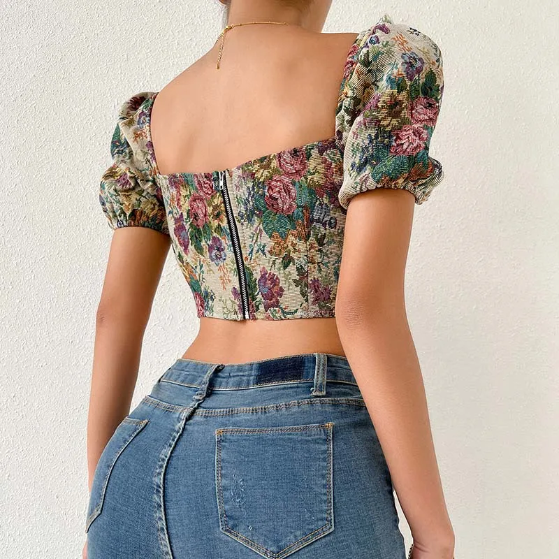 Summer Woman Tees Sexy Deep V Neck Backless Puff Sleeve Fishbone Retro Print T-Shirts Clothing Elegant Bohemian Slim Short Tops