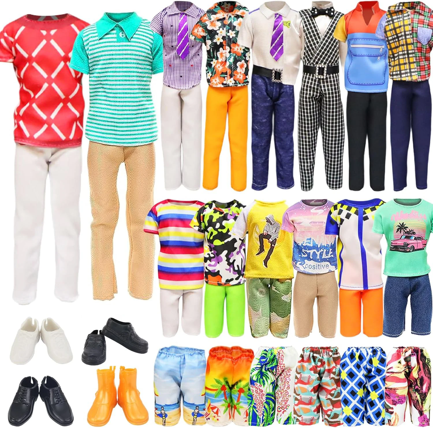 

11 предметов: одежда и обувь для кукол-мальчиков 11,5 дюймов, 5 комплектов модной повседневной одежды, 2 купальника, 4 пары обуви для кукол-мальчиков 12 дюймов.