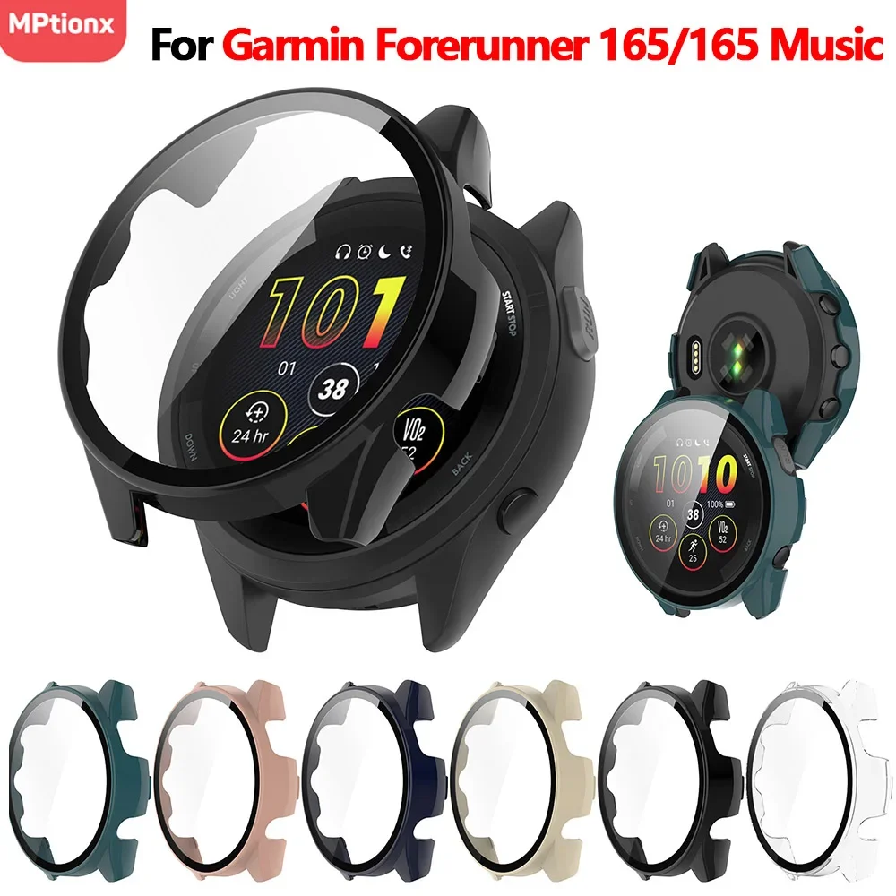 Tempered Glass+Case For Garmin Forerunner 165 PC Hard  Screen Protector All-around Bumper Protective Cover for Garmin 165 Music