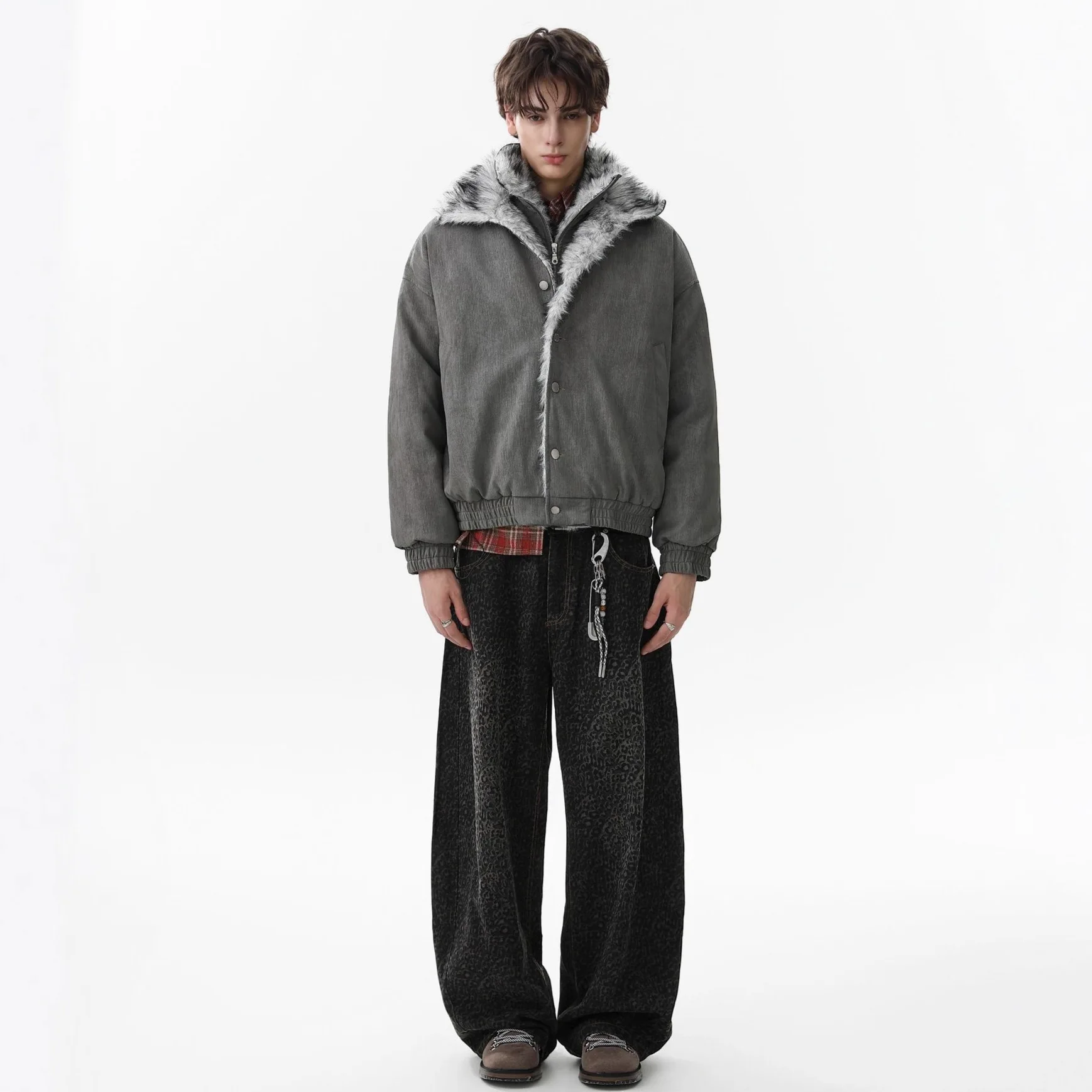 MWJLPWQ سترة رجالية من الصوف بياقة من الفرو سترة أمريكية عالية الشارع معطف قطني دافئ غير رسمي عصري 2025 شتاء جديد 21745 #4