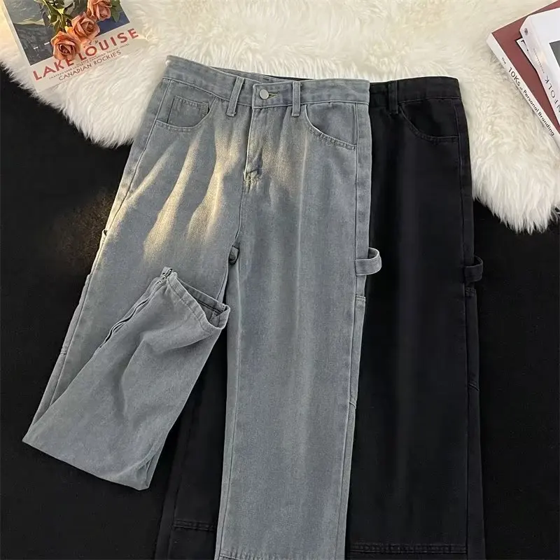 

Retro American Black Jeans Men's Spring Autumn Zipper Design Straight Leg Slim Fit Hiphop Cool Long Pants Youth Casual Denim