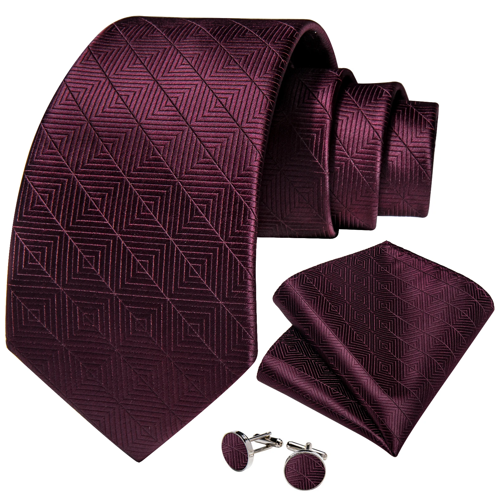 2022 New Luxury Burgundy Check Silk Jacquard Ties for Men Pocket Square Cufflinks Wedding Party Men Accessories Gift DiBanGu