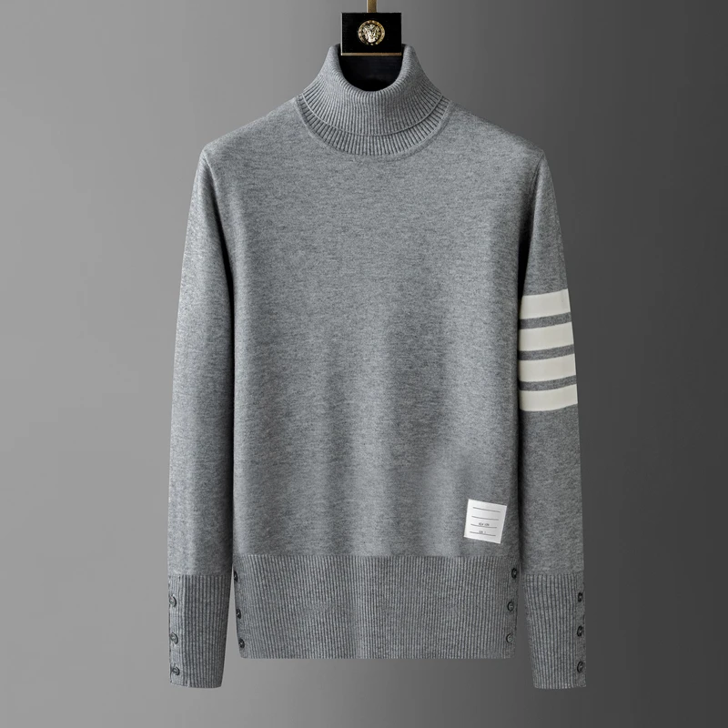 Luxury brand men's high neck sweater autumn and winter new Korean fashion stripe design with split hem high-end casual pullover