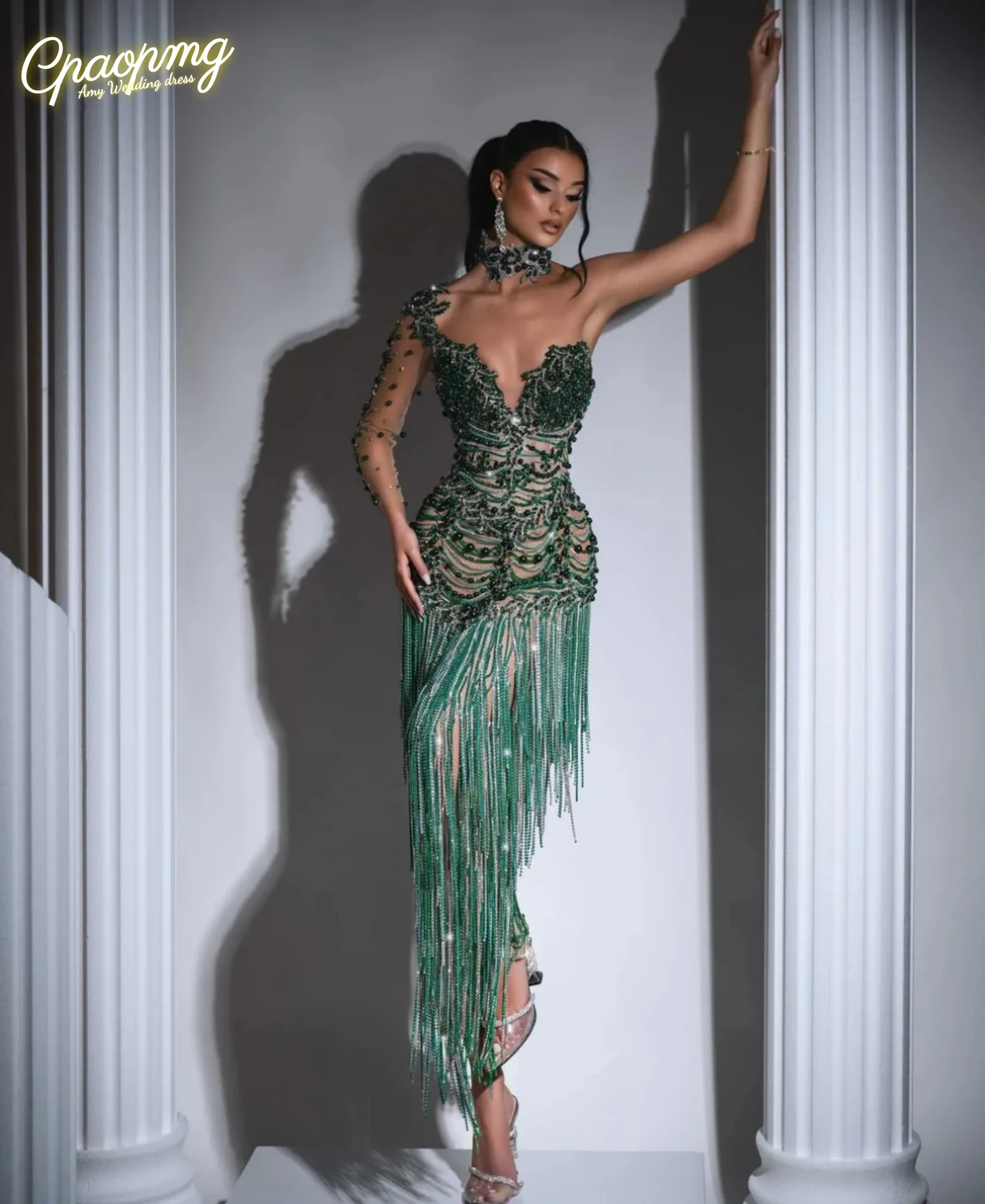 

Настоящее вечернее платье с зелеными бусинами и кисточками по индивидуальному заказу, шикарное коктейльное платье с одним рукавом и иллюзией жемчуга для женщин, официальные мероприятия