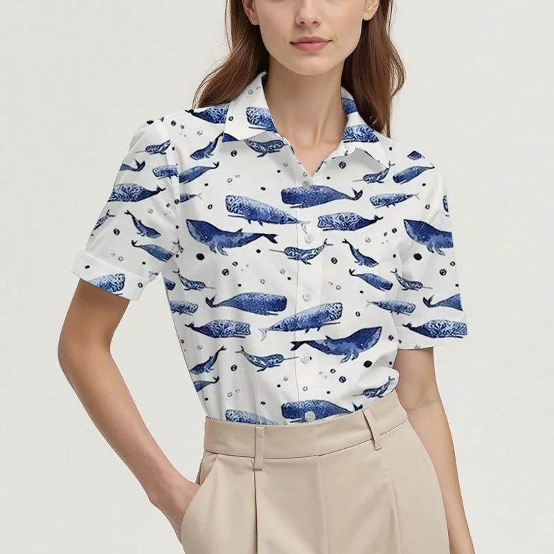 Summer women's shirt casual short-sleeved lapel Christmas element pattern women's top personality fashion women's clothing